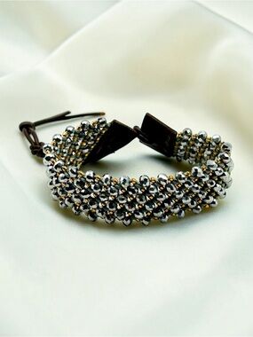 Chan Luu Two Tone Crystal and Brown Leather Bracelet 7-9”
